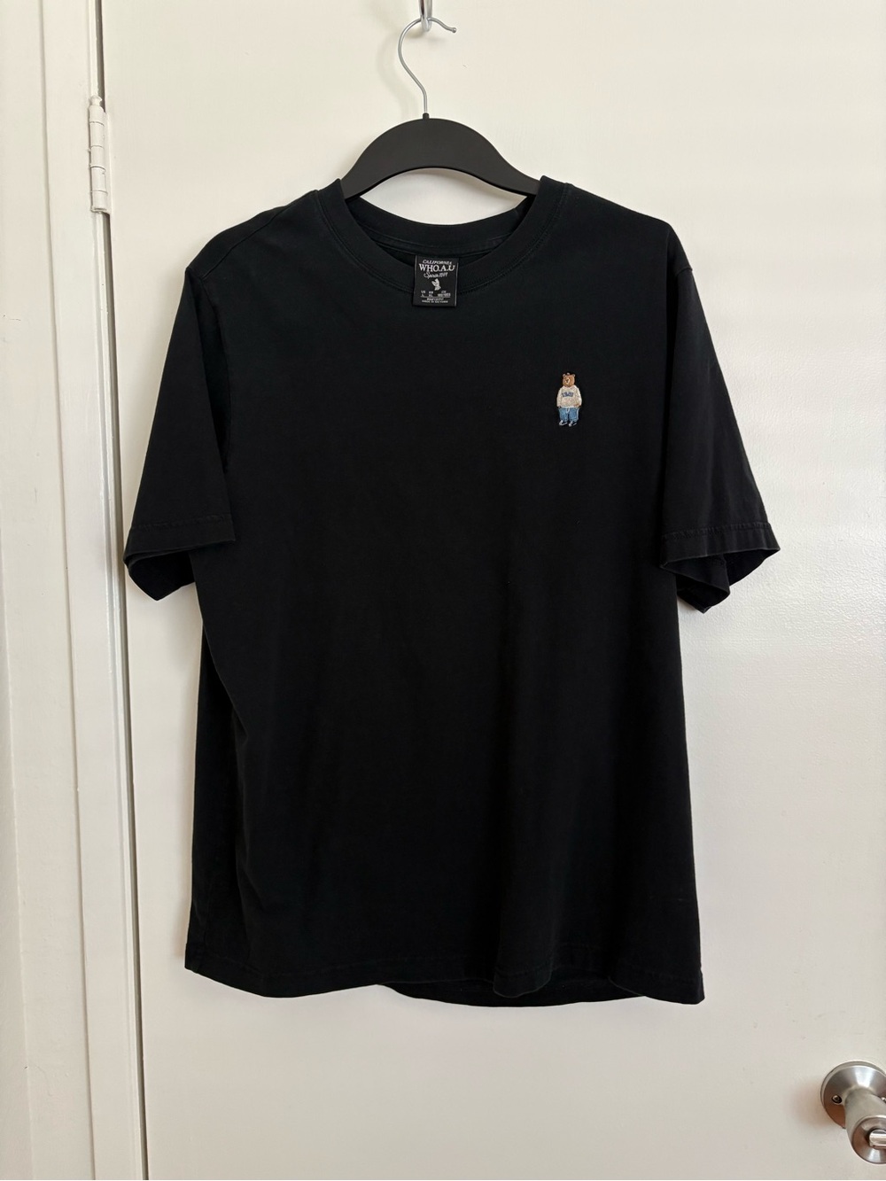 WHO.A.U Black Embroidered Bear Crewneck Tee
